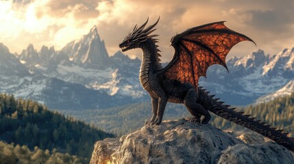 A fierce, winged dragon with sharp claws and spiky scales stands atop a rocky outcrop,