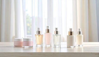 Pastel-colored mini perfume bottles and cream containers on a dressing table