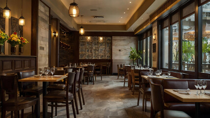 Fototapeta premium Cafe interior with full color, with a modern cafe theme without any people, bright light with bright colors, comfortable dining area with wooden tables
