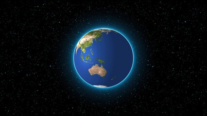 A luminous blue planet earth surrounded by a starry background representing outer space and geographical locations.