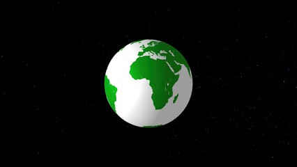 A stylized 3d rendering of the earth planet with green continents and a white ocean against a backdrop of a star-filled black space.