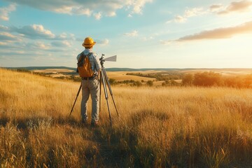 Naklejka premium A photographer capturing the golden hour landscape with a tripod in a serene rural setting
