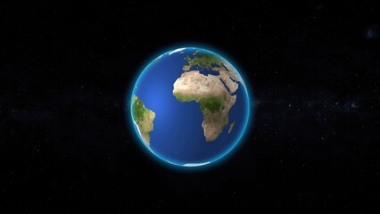 Realistic 3d rendered earth floating in space against a dark background showing geographical continents and a surrounding blue glow.