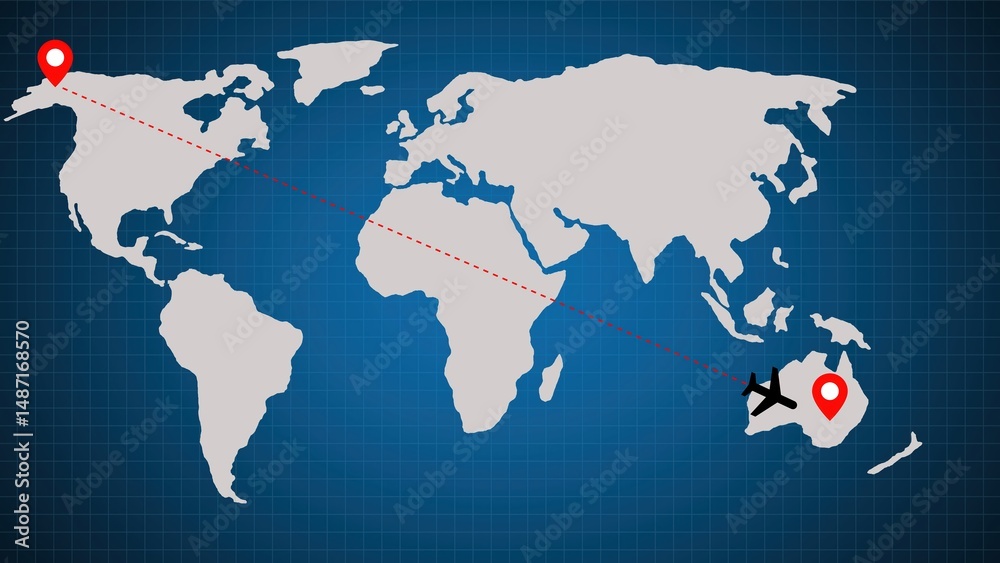 Poster visual representation of a flight journey across the world with a world map showing a flight path an
