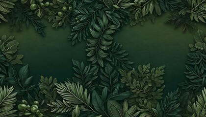 Lush green foliage artfully frames a darker central space creating a natural, verdant border.