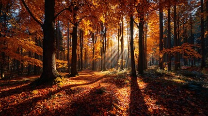 Obraz premium Autumn park with tall trees in background of a blue sky a sunny environment