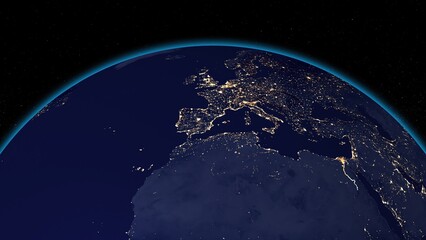 Night view of earth showcasing european and african continents with glowing city lights illuminating the land against the backdrop of space.