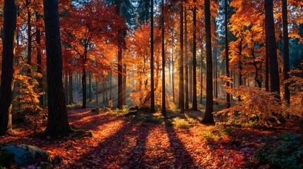 Obraz premium Autumn park with tall trees in background of a blue sky a sunny environment