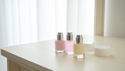Pastel-colored mini perfume bottles and cream containers on a dressing table