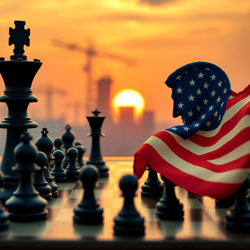 China and US America trade war ,chessboard with the pieces engaged in strategic battle, political and economic conflict, sunset backdrop