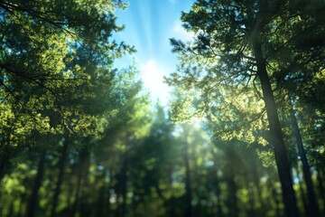 Obraz premium Sunlight filtering through lush forest canopy nature scene vibrant green foliage peaceful environment serene viewpoint