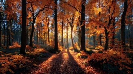 Fototapeta premium Autumn park with tall trees in background of a blue sky a sunny environment
