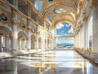 Fototapeta premium Elegant interior design inspirations luxurious palace hall digital art bright and airy environment wide angle view opulent architecture