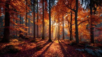 Fototapeta premium Autumn park with tall trees in background of a blue sky a sunny environment