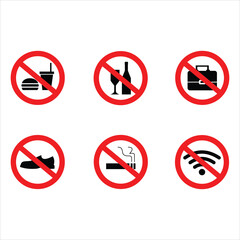 Warning set icon no food, no frink, no internet, no smoking 