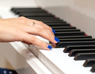 Fototapeta premium Womans Hand Playing Piano Keys with Blue Nail Polish