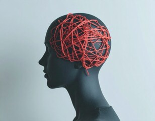 Abstract Sculpture of Human Head with Red Wire Brain – Concept of Mental Health and Overthinking