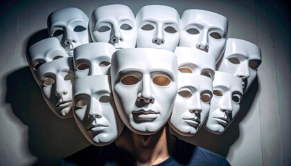 Man wearing multiple white masks, concept of hidden identity, dissociative personality, mental health symbolism