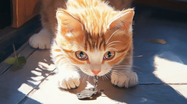 Playful cat chasing a toy mouse indoors close-up scene bright sunlight cheerful atmosphere