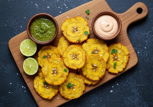 A top-down view of crispy tostones with flavorful sauces and lime slices on a board.