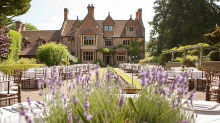 Elegant outdoor wedding table set for a celebration in a beautiful garden with a historic building backdrop and lavender bushes.