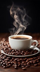 Fototapeta premium Cup of coffee and coffee beans on grey background. Close up