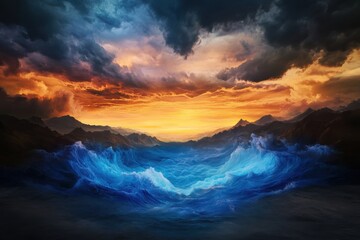 Fototapeta premium Dramatic sunset over turbulent ocean waves remote beach digital artwork serene environment wide angle nature's beauty