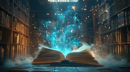 A magical book opens in a library, releasing glowing light and sparkles into the air. Explore the enchantment within its pages.