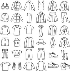 This vector set features fashion clothing icons, including a shirt, jacket, dress, pants, coat, t-shirt, suit, jeans, skirt, and sweater, illustrating a diverse apparel collection