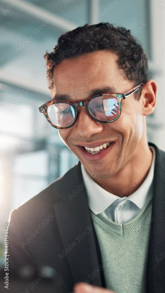 Poster office, business and face of happy man on tablet for networking, connection and financial planning. 
