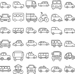 A vector set of black car icons showcases various auto transport illustrations, including truck, bus, and van silhouettes, ideal for traffic and transportation design