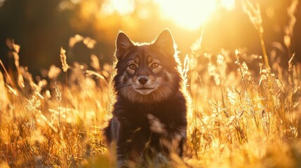 Majestic wolf strolling through sunlit meadow nature photography golden hour captivating scene