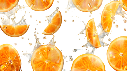 A vibrant display of orange slices with splashing water against a transparent background creating a fresh look