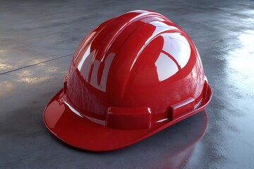 Bright red hard hat resting on a polished surface, showcasing safety equipment for construction use
