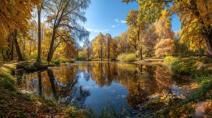 Fototapeta premium Autumn park with trees in yellow and orange colors, a pond in the background of a blue sky, a sunny day landscape