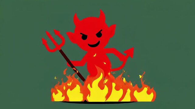 Cartoon Devil Holding Trident in Flames with Mischievous Smile