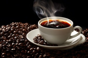 Fototapeta premium Cup of coffee with roasted beans on dark background, closeup