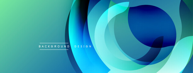 Abstract gradient background. Overlapping circles create dynamic visual effect. Blue, turquoise, green hues dominate composition. Modern design element.