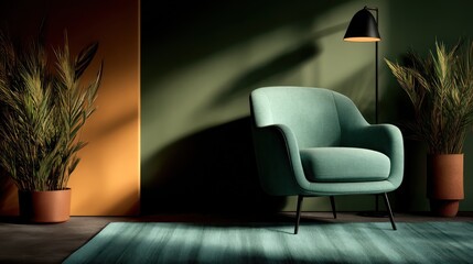 Fototapeta premium Stylish teal armchair in a modern living space.
