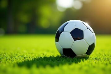 Fototapeta premium New soccer ball on green grass field, sunlight, equipment, field