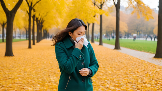 A person coughing into their elbow while walking through a park filled with falling leaves. Concept of managing autumn illnesses in public spaces.