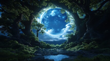 Enchanting nightscape mystical forest portal tranquil stream fantasy landscape dreamlike ambience