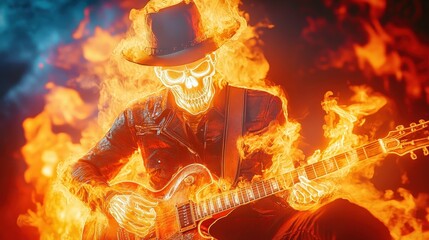 Fiery Guitarist: A Skeleton with a Hat Rocks Out in Flames and Fire