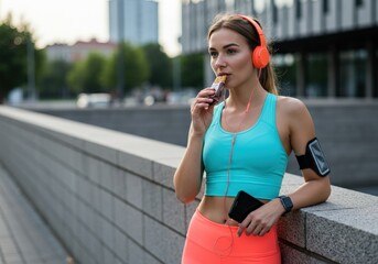 A young woman in fitness attire enjoys a protein bar while taking a break outdoors.
