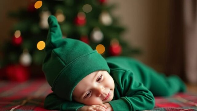 Adorable sweet kid in green costume lies peacefully on the plaid. Decorated Christmas tree at backdrop in blur. Vertical