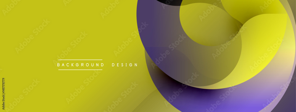 Poster Abstract design features overlapping colorful layers. Yellow background contrasts purple, white elements create dynamic composition. Modern aesthetic.