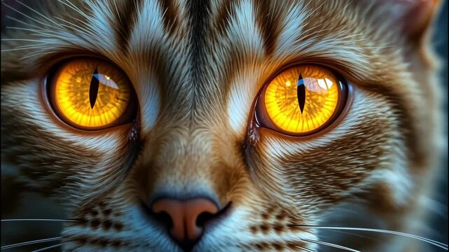 Close-up of cat's hypnotic golden eyes with sharp detailed fur. 