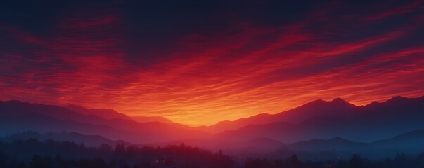 Stunning Sunset Over Mountains with Vibrant Red and Orange Clouds Lighting Up the Sky at Dusk for Nature and Landscape Themes