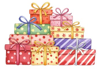 A stack of colorful presents with ribbons and patterns on a white background in a watercolor style