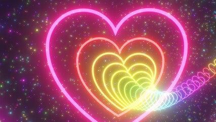 Endless Wavy Rainbow Heart Shape Neon Glow Tunnel With Sparkle Stars - Abstract Background Texture